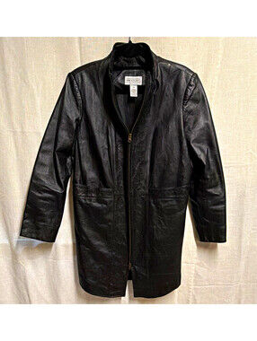 Via Accenti Womens Black Zip Front Leather Jacket w/ Pockets Mid-Length Size 14